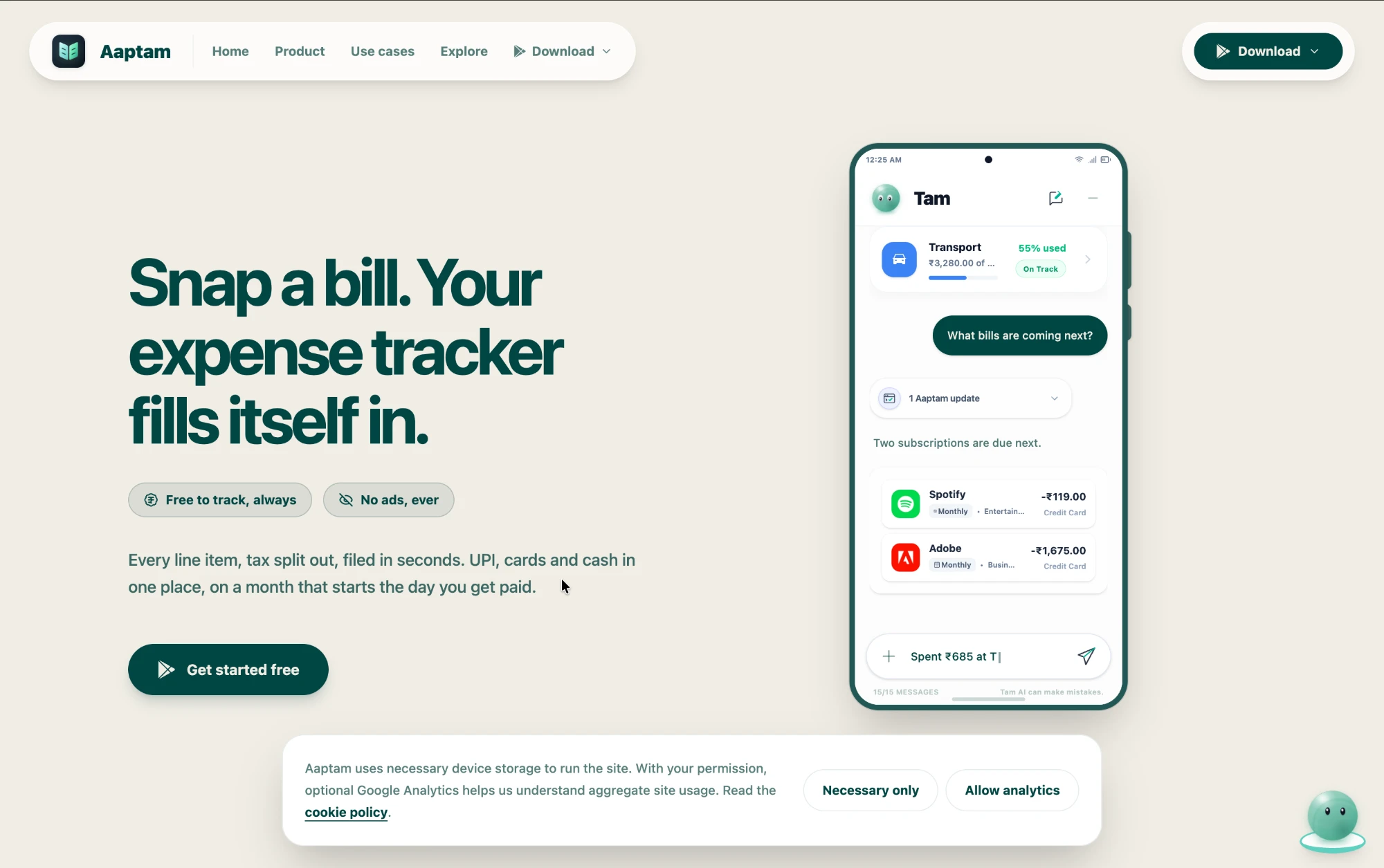 Aaptam landing page with Tam answering "What bills are coming next?" using budget and subscription widgets