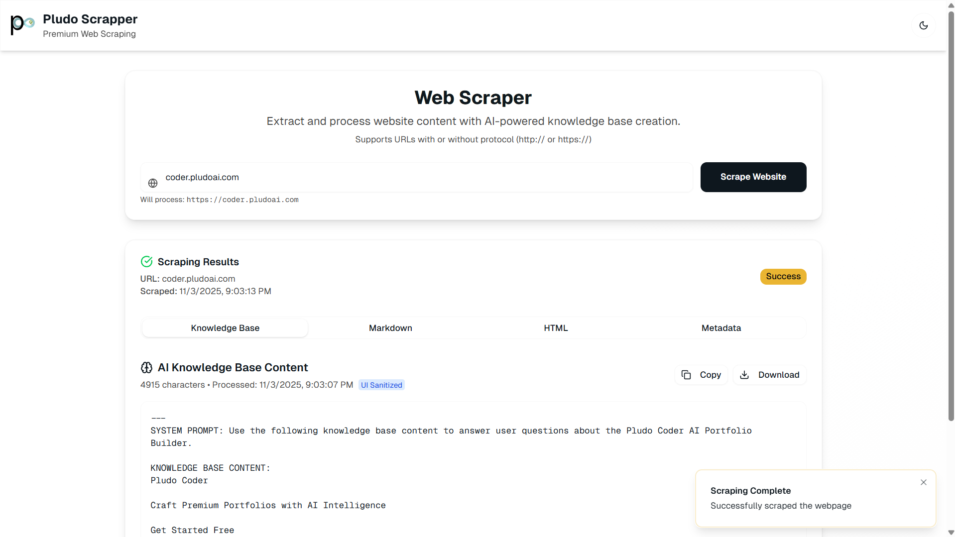 Pludo Scraper Main Interface