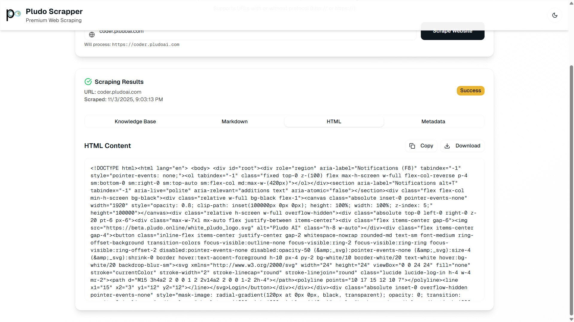 Pludo Scraper Export Options